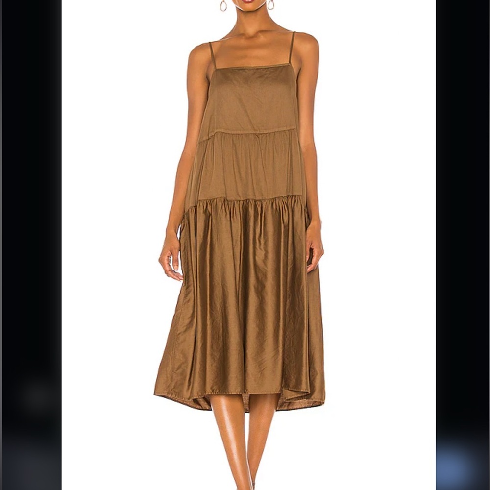 Enza Costa Brown Tiered Spaghetti-Strap Midi Dress